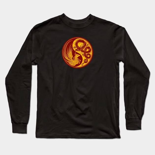 Yellow and Red Dragon Phoenix Yin Yang Long Sleeve T-Shirt by jeffbartels